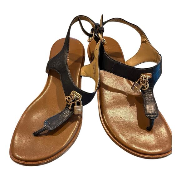 MICHAEL by Michael Kors Lock Logo Key In Gold Sandals in NAVY Size 7M - Picture 1 of 8
